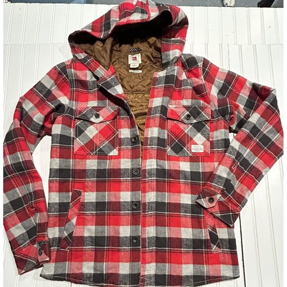 Quicksilver Flannel Jacket Men’s Medium Red Plaid Hooded Lined Pocket Warm - Picture 1 of 5
